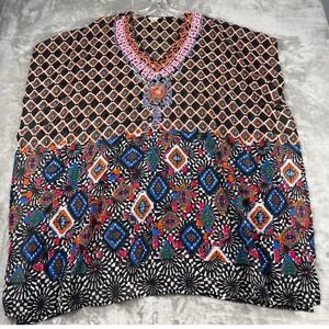 Lucky & Coco Beaded Kaftan Top Large Black Multicolor Geometric Tribal Sheer L